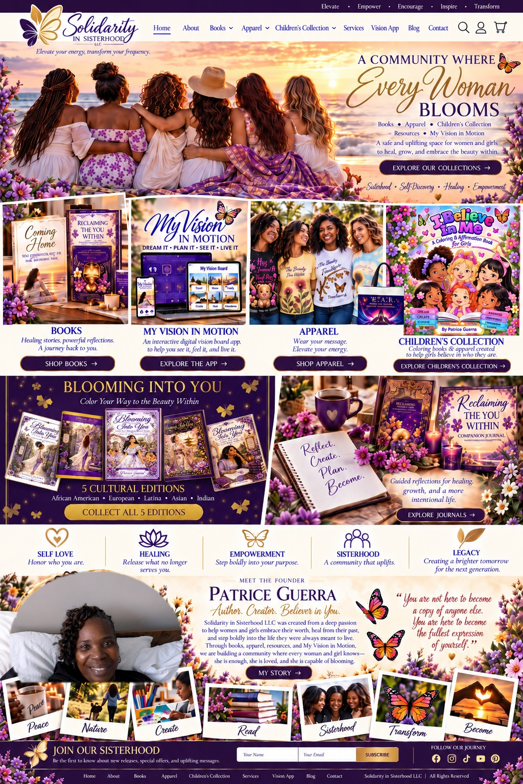 Solidarity in Sisterhood LLC — books, Vision app, apparel, children's collection, Blooming Into You cultural editions, journals, and founder Patrice Guerra.